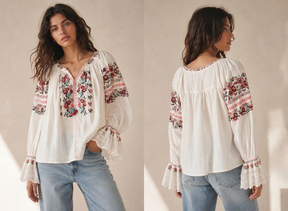 Ulla Johnson Tops - Ulla Johnson Devra White Floral Embroidered Peasant Blouse Tassel Tie Size 4